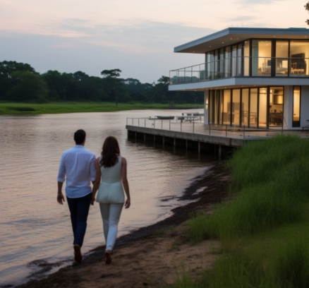 young romantic couple holding hands, walking by lake near their modern house, back view
