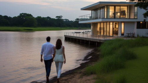 young romantic couple holding hands, walking by lake near their modern house, back view